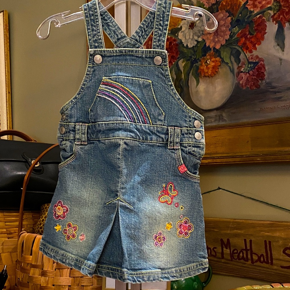 Esprit Baby Denim Dress Overalls W/ Embroidered Flowers & Butterflies 18 Months